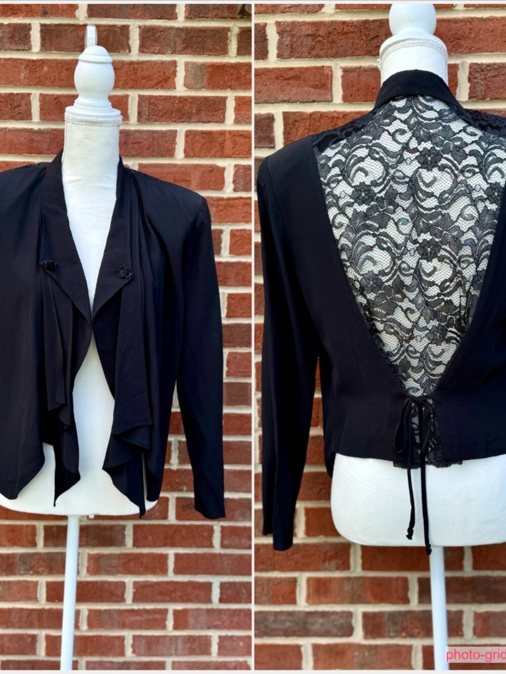 Whimsigoth Lace Back Cropped Blazer Jacket Corset Tie Black Drape VTG 90s Medium